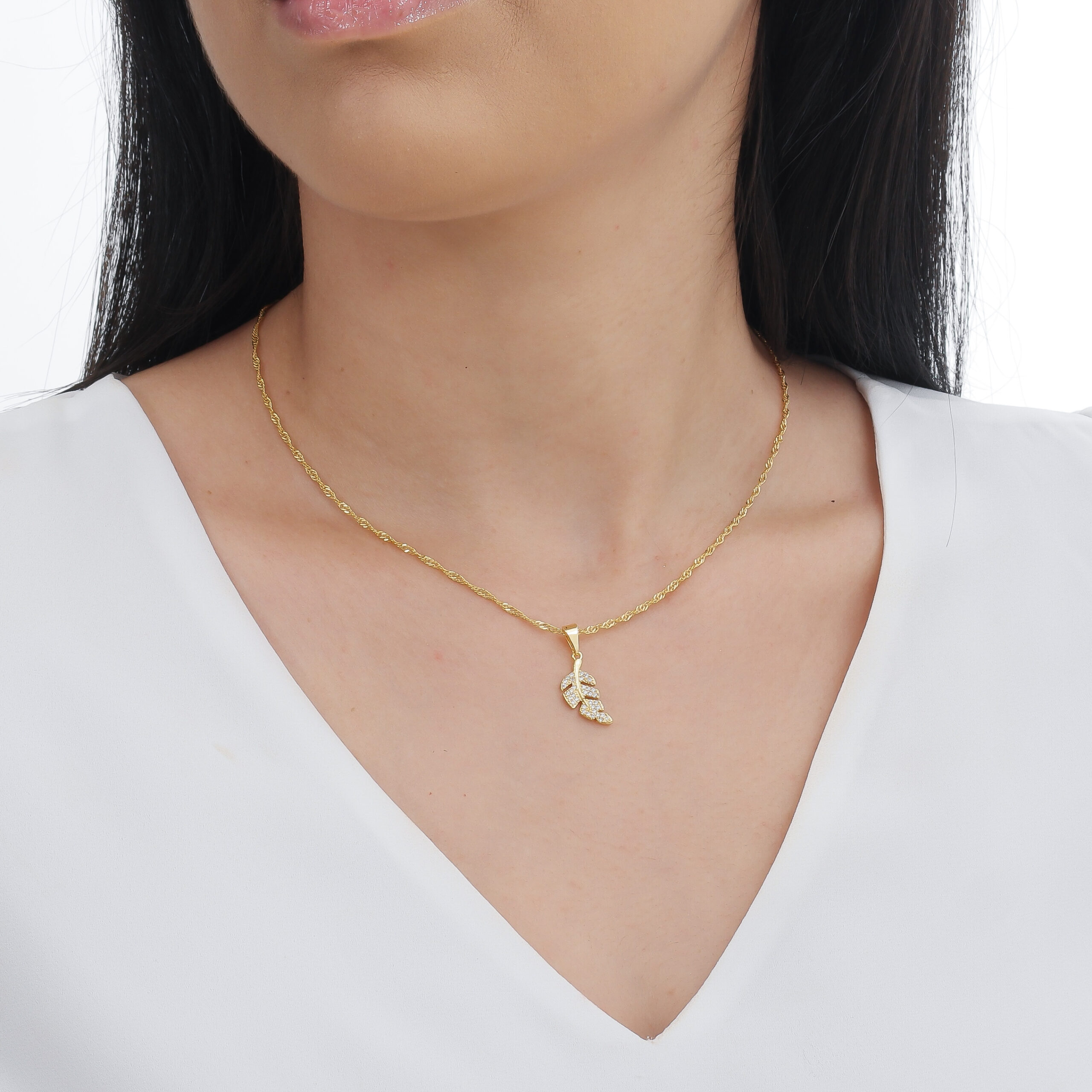 Colar Singapura Pingente Folha Ouro