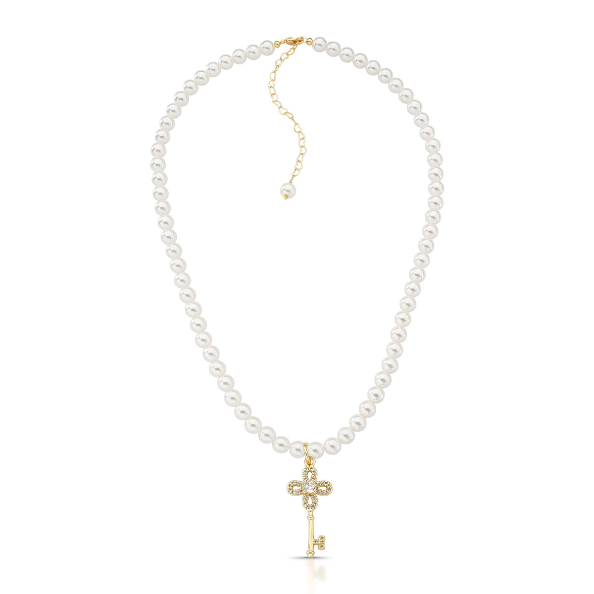 Colar de Pérolas com Pingente Chave Dourada Cravejada